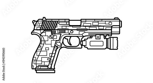 Modern Pistol with Tactical Flashlight Attachment, Line Art Illustration