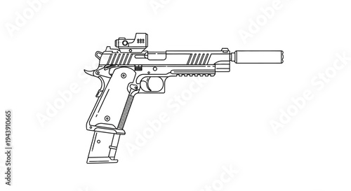 Modern Pistol with Red Dot Sight and Silencer - Line Art Illustration