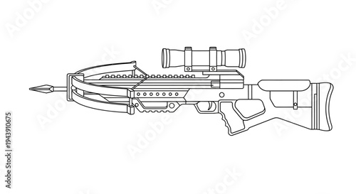 Modern Tactical Crossbow with Scope and Arrow - Line Art Illustration