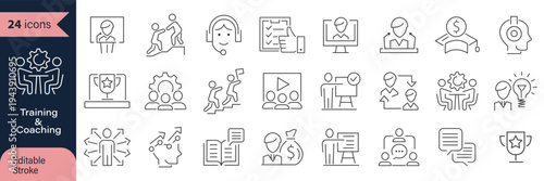 Training Web Icon Set in Linear Style. Collection of workshop, line icons, including coaching, meeting, education, conference, mentoring, teamwork, presentation, seminar