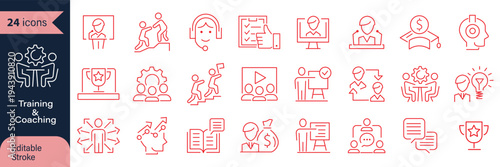 Upskilling coaching, career development, icons pack. Line signs skill grow, learning teamwork and growth progression training. Thin vector icons set for web and app outline editable stroke.