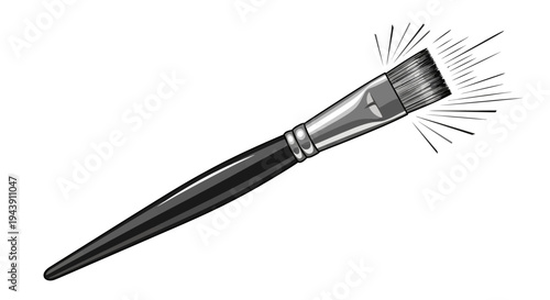 A simple black and white illustration of a paintbrush with radiating lines, representing creativity and art
