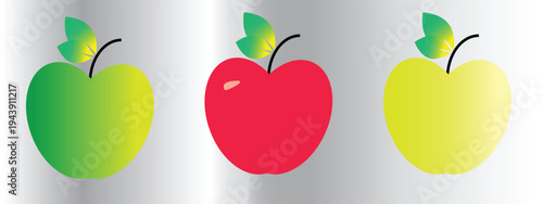 Simple red apple vector illustration with green leaf and stem isolated on gradient background. Fresh organic fruit icon in flat design style. Healthy food concept, natural fruit symbol for nutrition,
