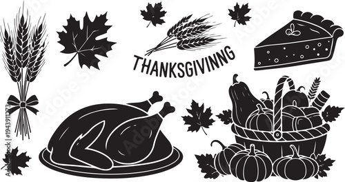 Thanksgiving holiday symbols and food illustrations in black