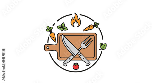 Kitchen utensils crossed on cutting board.