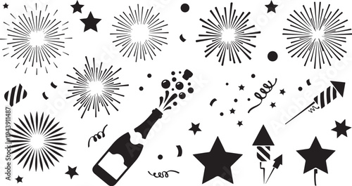 Celebration icons with fireworks, stars, and champagne bottle graphics