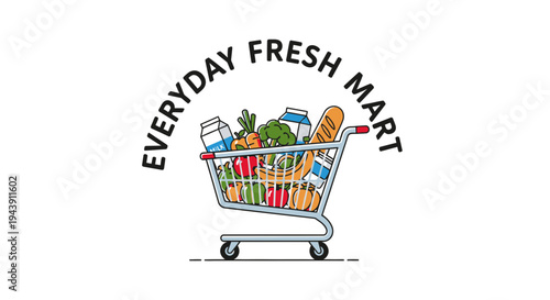 Shopping cart full of food items.