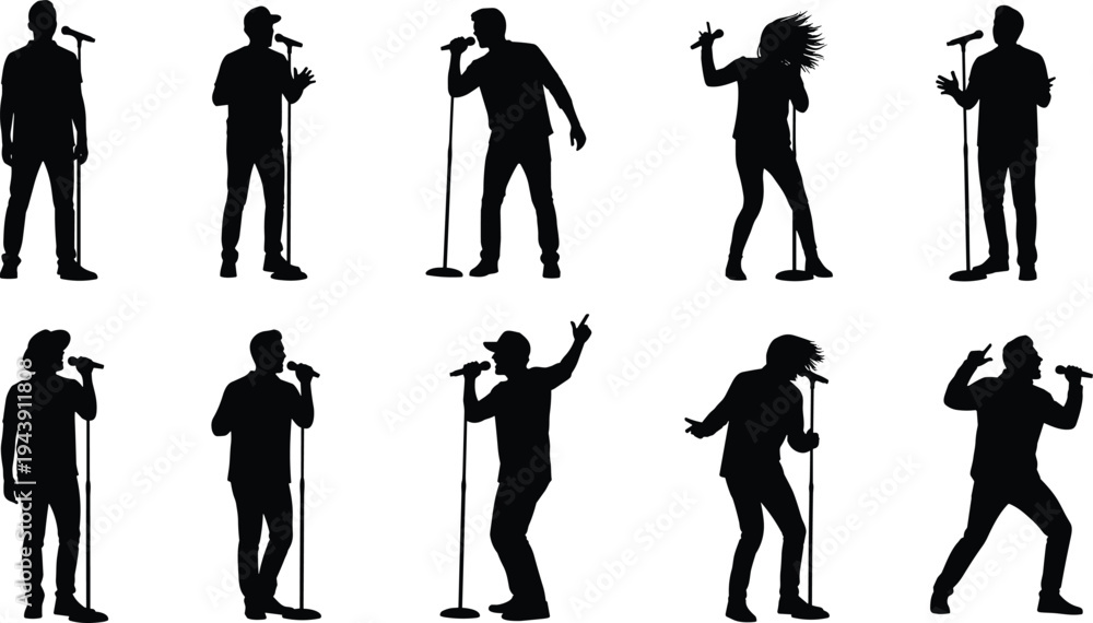 Fototapeta premium Diverse silhouettes of performers engaging with microphones on stage