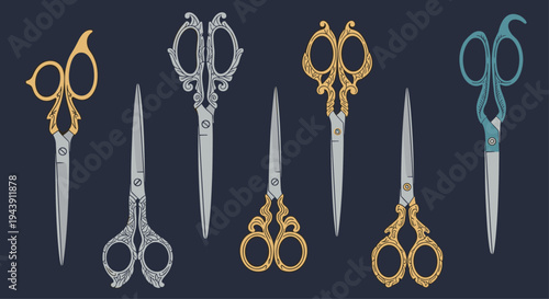 Group of six ornate vintage and antique scissors with decorative handles in silver and gold colors on a dark blue background.