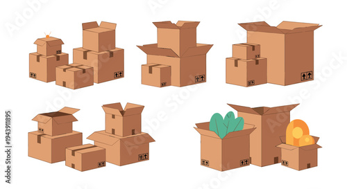 Assorted arrangements of cardboard moving boxes in various sizes and states of being open or closed for logistics and relocation concepts.