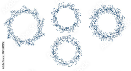 Set of four delicate botanical wreaths illustrated with blue ink featuring various leaves and berries for vintage style floral arrangements.