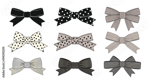 Collection of nine decorative bows in various patterns like polka dots and stripes in a classic black, white, and grey color palette for craft.