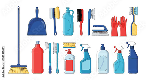 Large set of colorful household cleaning tools including a broom, dustpan, brushes, sponges, rubber gloves, and various spray bottles.