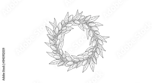 Elegant hand-drawn wreath made of olive branches and fruits in black and white ink sketch style for a Mediterranean or organic aesthetic.