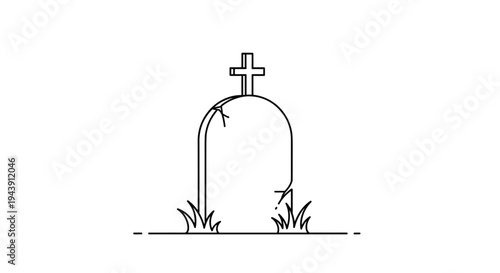 Simple black and white line drawing of a cracked tombstone in a patch of grass with a cross on top for spooky graveyard scenes.