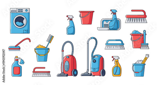 Set of laundry and home cleaning icons including a washing machine, vacuum cleaners, buckets with suds, brushes, and detergent bottles.