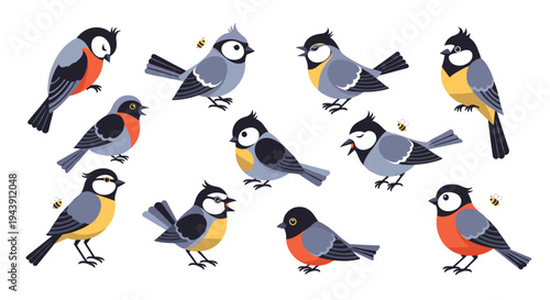 Large collection of twelve small birds illustrated in various poses like flying and singing with different colors for nature themed designs.