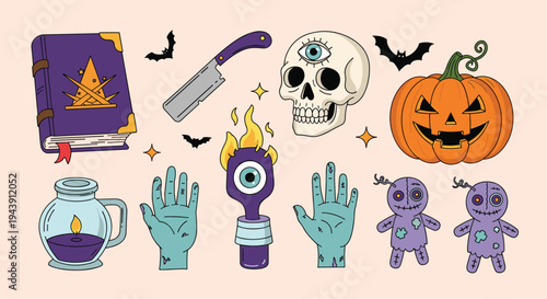 Festive Halloween elements including a spellbook, cleaver, skull with a third eye, pumpkin, voodoo dolls, severed hands, and bats.