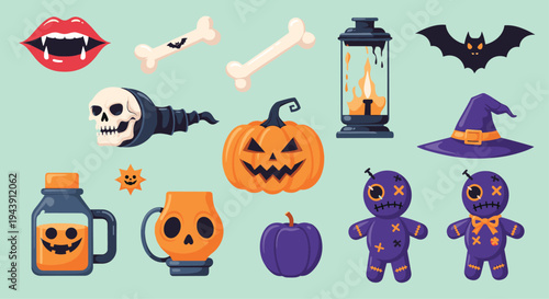 Colorful set of Halloween stickers including vampire lips, bones, lantern, bat, skull, pumpkin, voodoo dolls, and themed mugs on green.