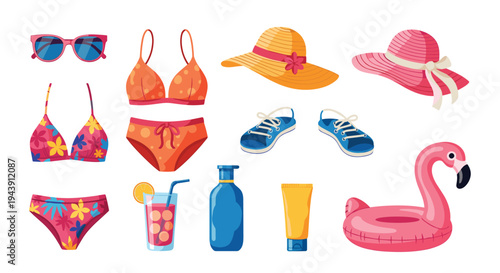 Cheerful collection of summer vacation essentials including swimsuits, sunglasses, sun hats, sandals, drinks, and a flamingo floatie.