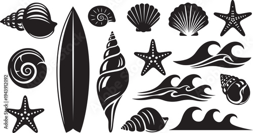 Black and white beach icons and seashells vector graphics