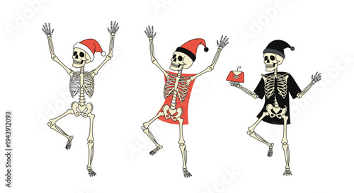 Three joyful human skeletons dancing in festive holiday outfits including a Santa hat, a red shirt, and a black sweater for Christmas fun.