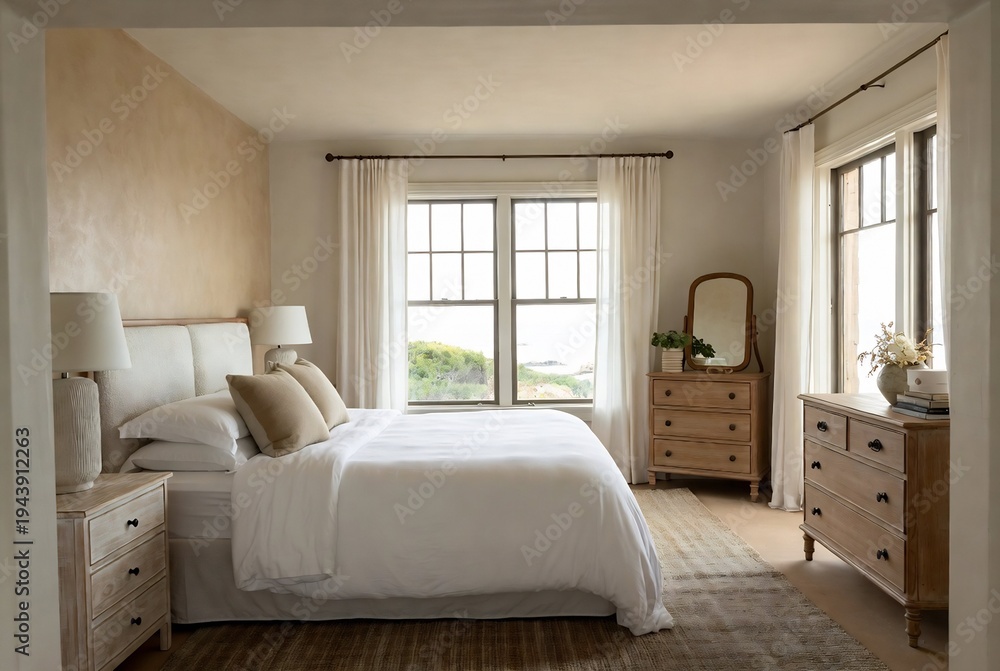 Fototapeta premium A serene bedroom with a bed, dresser, and windows.