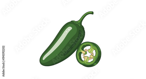 Whole green jalape�o pepper and a single round slice shown together on a white background for spicy food illustration.