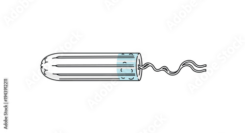 Single white cotton tampon with a long string, used for feminine hygiene during a menstrual cycle, on white background.