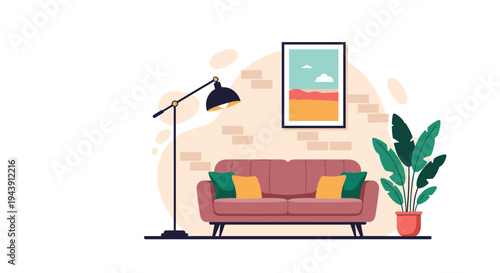 Modern interior design illustration of a cozy living room featuring a pink sofa, green plant, floor lamp, and wall art.