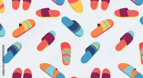 Seamless pattern of various colorful and patterned indoor slide-on slippers in different orientations on a light background.