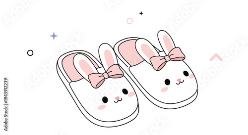 Pair of adorable white bunny-shaped slippers with pink ears, rosy cheeks, and little pink bows on a white background.