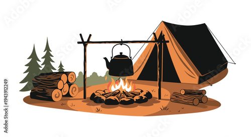 Cozy camping scene illustration featuring a tent, a large campfire with logs, and a black kettle hanging over the flames.
