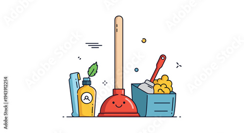 Set of household cleaning equipment featuring a red plunger, a yellow bottle of detergent, and a blue bucket with a brush.