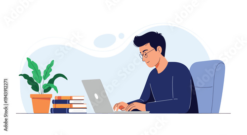 Person focused on work or study while sitting at a table with a laptop, a stack of books, and a large green plant.