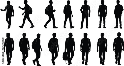 Diverse silhouettes of people in various walking and standing poses