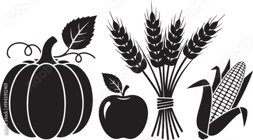 Harvest icons including pumpkin, wheat, apple, and corn