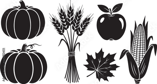 Autumn harvest icons including pumpkins and wheat bundle silhouettes