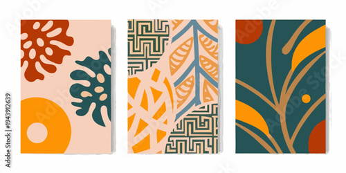 Three abstract panels displaying colorful geometric and organic shapes