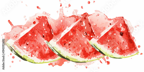 Sliced watermelon with splashing juice presented in a watercolor style