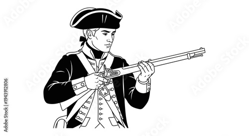 Revolutionary War Soldier Holding Musket, American Revolutionary War Era Military Man