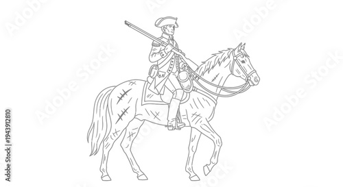 Revolutionary War Soldier on Horseback with Musket - Line Art