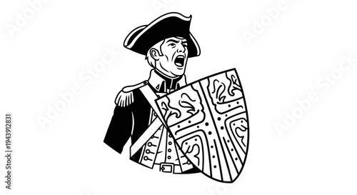 Revolutionary War Soldier with Shield, Shouting, Black and White Illustration