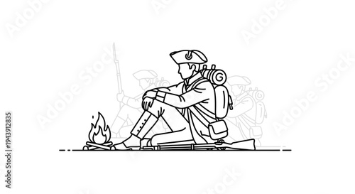 Revolutionary War Soldier Sitting by Campfire, Resting with Rifle