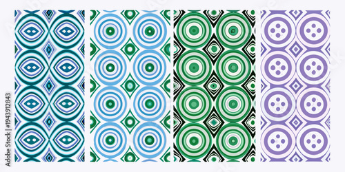 Repeating pattern of colorful concentric circles and diamond shapes
