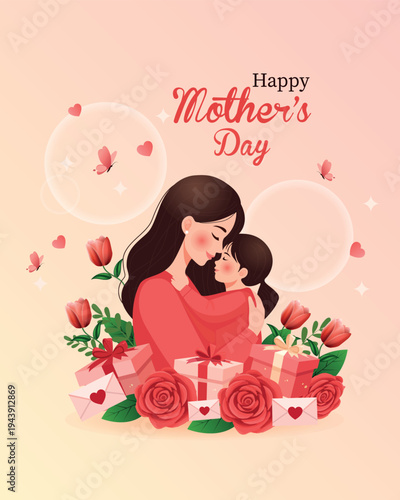 Happy Mother’s Day Greeting Card with Mother and Daughter Hug, Flowers and Gift Boxes Vector Illustration