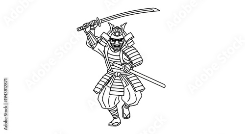 Samurai Warrior in Armor with Katana Sword, Dynamic Action Pose, Japanese Warrior Illustration