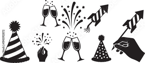 Party Celebration Icons with Champagne and Fireworks Silhouettes