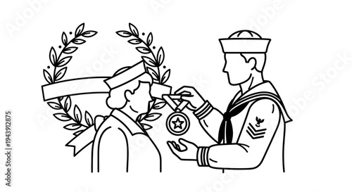 Sailor awards medal to comrade in front of laurel wreath, military ceremony, navy service
