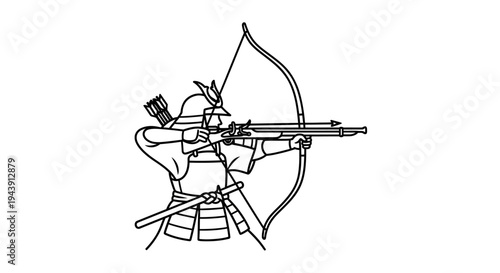 Samurai Archer Drawing Bow and Arrow, Traditional Japanese Warrior in Action